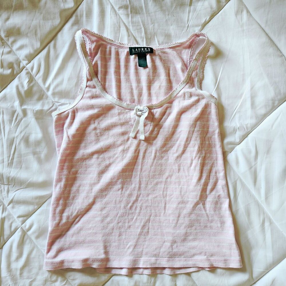 Lauren Ralph Lauren 100% Cotton Pink/White Striped Lace Trim Bow Cami Size L